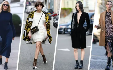 Sei donne sfoggiano look diversi, ognuna con un vestito con stivali bassi, creando un'elegante sfilata di moda urbana.