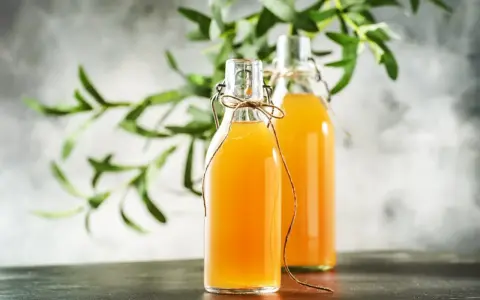Dwie butelki z domową kombuchą, idealne do nauki jak zrobić grzyb kombucha.