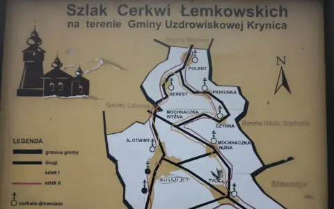 Mapa szlaku cerkwi łemkowskich w gminie Krynica. Widoczne nazwy miejscowości: Polany, Berest, Piorunka, Tylicz.