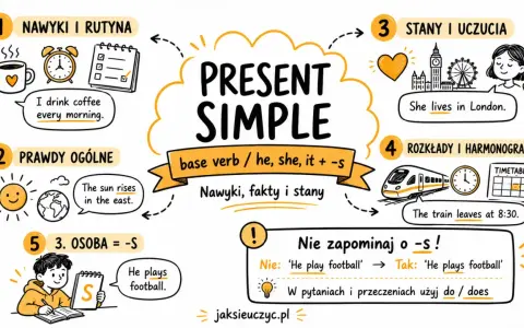 Grafika wyjaśnia Present Simple: nawyki, prawdy ogólne, stany, rozkłady i 3. osobę. Zawiera przykłady zdań po angielsku.