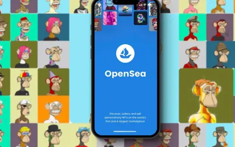 Aplikacja OpenSea na telefonie, otoczona siatką NFT z małpami. Dowiedz się, jak zrobić NFT i zacznij kolekcjonować!