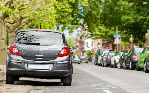 Graues Auto parkt am abgesenkten Bordstein. Mehrere Autos reihen sich die Straße entlang unter grünen Bäumen.