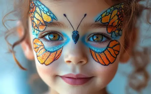 Ein Kind mit einem wunderschönen Schmetterling Schminken, das wie ein Monarchfalter aussieht. Glitzernde Flügel zieren Wangen und Augen.