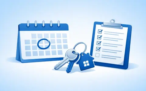 Un calendrier avec une date marquée, des clés et une liste de contrôle, symbolisant la planification de la date d'état des lieux de sortie.