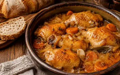 Muslos de pollo en salsa, una receta de la abuela que huele a hogar. Acompañados de pan rústico y zanahorias tiernas.