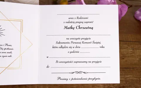 Zaproszenie na Komunię Świętą dla Matki Chrzestnej. Jak podpisać kopertę na komunię? Wypełnij datę, godzinę i miejsce przyjęcia.