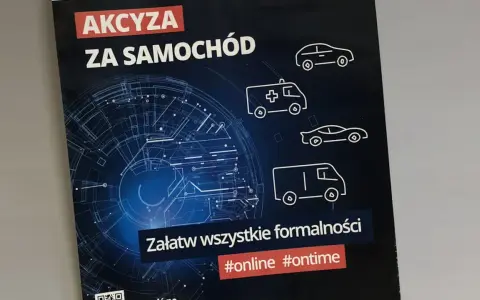 Akcyza za auto – załatw formalności online i ontime. Grafika przedstawia różne pojazdy: samochód osobowy, karetkę, sportowe auto i furgonetkę.