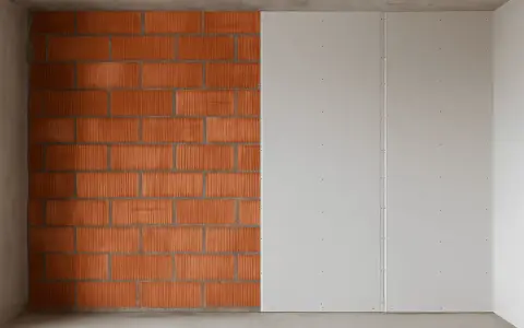 Proceso de colocar pladur sobre pared de ladrillo visto. La mitad izquierda muestra ladrillos naranjas, la derecha paneles blancos.