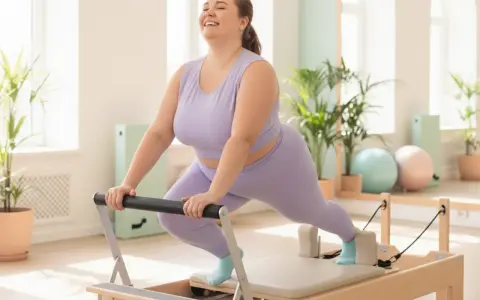 Frau lacht glücklich bei Pilates-Übungen auf einem Reformer. Pilates zum Abnehmen ist eine tolle Möglichkeit, fit zu werden.
