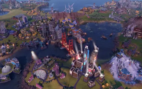 Ciudad futurista con puente rojo, rascacielos y estación de esquí. Trucos Civilization VI para dominar el mundo.
