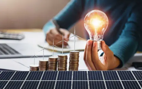 Opłata mocowa a fotowoltaika: rosnące stosy monet z wiatrakami i żarówką symbolizują inwestycje w zieloną energię.