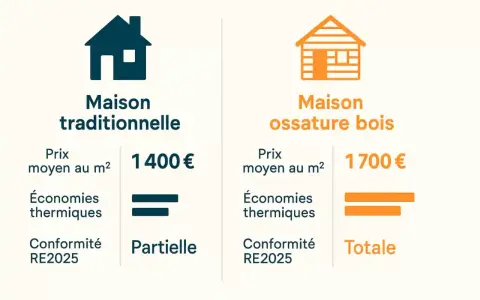 Comparaison : maison traditionnelle (1400€/m², économies partielles) vs maison ossature bois (1700€/m², économies totales). Le prix m² d'une maison ossature bois est plus élevé.