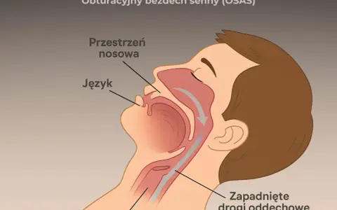 Ilustracja pokazuje przekrój głowy, wyjaśniając, **torsemed na co** wpływa obturacyjny bezdech senny (OSAS) – zapadnięte drogi oddechowe, język i przestrzeń nosową.
