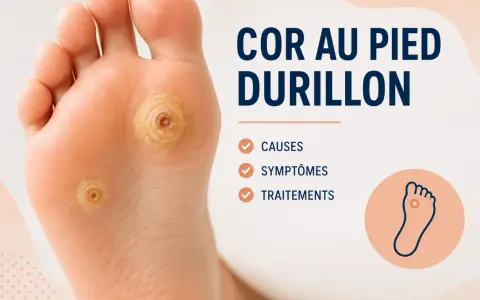Gros plan sur un pied présentant des cors. Le texte indique "COR AU PIED DURILLON" et liste les causes, symptômes et traitements pour savoir comment soigner un cor.