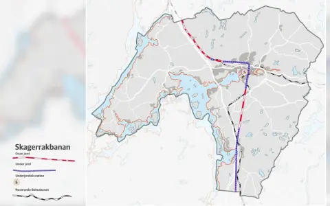 Karta över Skagerrakbanan som visar sträckningar ovan och under jord. Bohusleden syns som en linje.