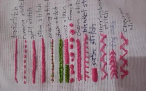 Ejemplos de puntadas de bordado: backstitch, running stitch, split stitch, stem stitch, coaching stitch, chain stitch, blanket stitch, satin stitch, herringbone stitch y chevron stitch.