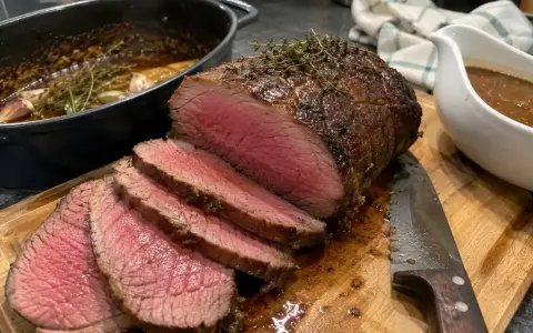Un délicieux roti de boeuf cocotte, saignant et tendre, prêt à être dégusté avec sa sauce onctueuse.