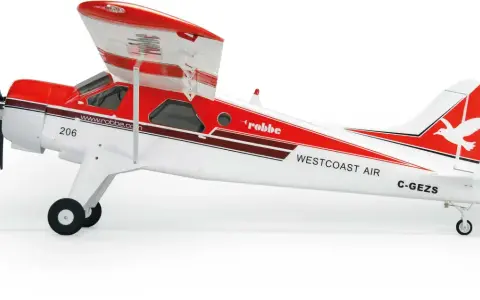 Ein rotes und weißes Modellflugzeug, ein "Beaver Flugzeug", mit der Aufschrift "Westcoast Air" und einer Taube auf dem Heck.