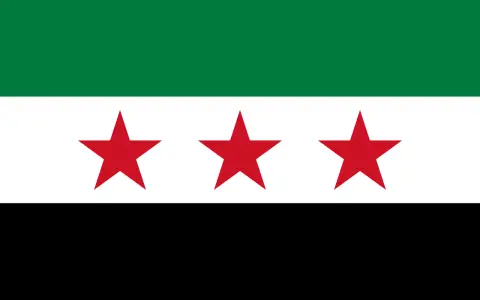 Flaga Syrii: trzy czerwone gwiazdy na białym pasie, między zielonym a czarnym pasem.
