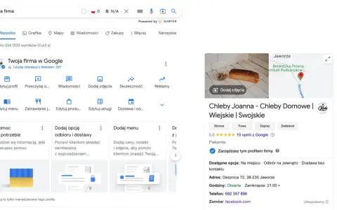 Zarządzaj swoim **profil firmowy Google** dla piekarni "Chleby Joanna". Dodaj zdjęcia, menu i opcje dostawy.