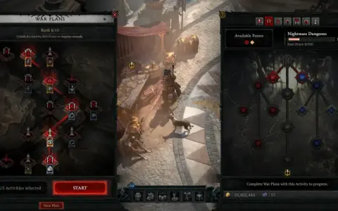 Interfaz de Diablo 4: un bárbaro construye un plan de guerra para mazmorras de Pesadilla.