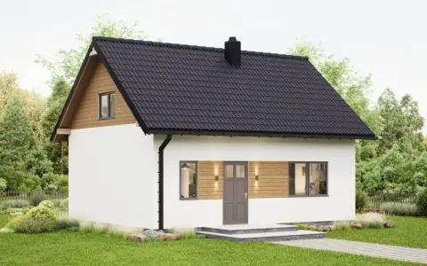 Gotowe domki na działkę ROD. Biały domek z drewnianymi elementami, czarnym dachem i kominem, otoczony zielenią.