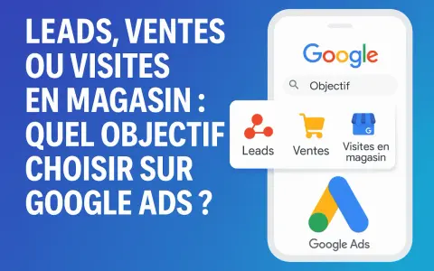 Choisir le bon objectif sur Google Ads : Leads, ventes ou visites en magasin ? L'image illustre ces options.
