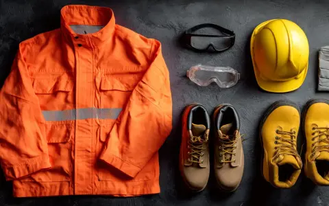 Conjunto de equipo de protección individual (EPI) para trabajo: chaqueta naranja reflectante, casco amarillo, gafas de seguridad, guantes y botas de trabajo.