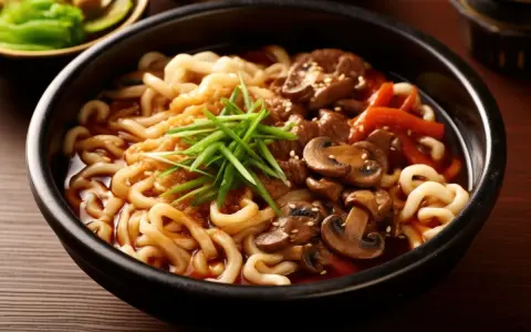 Jak gotować makaron udon: gęsty bulion, grzyby, mięso wołowe i szczypiorek. Pyszne danie.