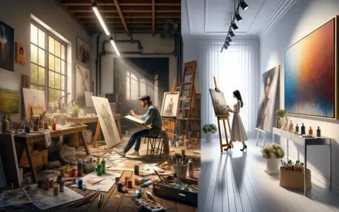 Dans une galerie recherche artiste, deux ateliers contrastés : l'un bohème et lumineux, l'autre épuré et moderne.