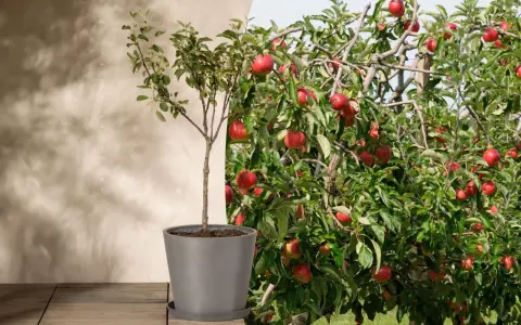 Ein junger Apfelbaum im Topf neben einem reifen, fruchttragenden Apfelbaum. So könnte es aussehen, wenn man einen Apfelbaum pflanzt und ihn wachsen sieht.
