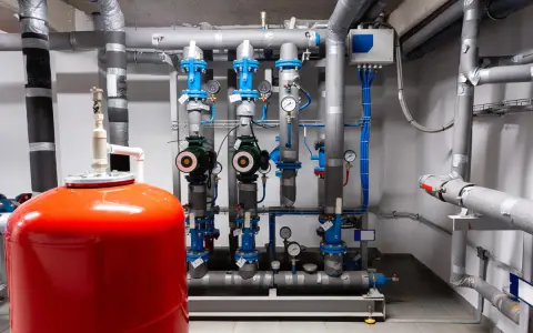 Impianto idraulico con serbatoio rosso e pompe. Manometri indicano che l'autoclave pressione troppo alta potrebbe essere un problema.