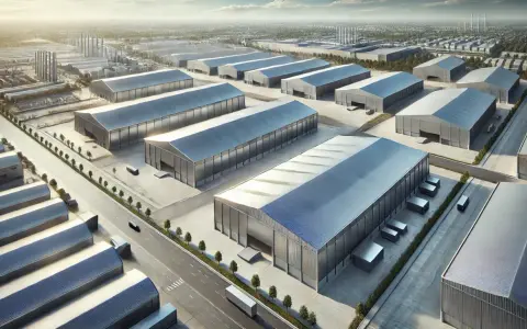 Vista aérea de un polígono industrial con naves de fachada zinc.