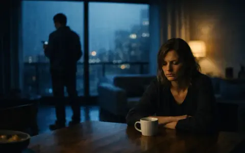 Smutna kobieta przy stole z kubkiem kawy, podczas gdy mężczyzna stoi przy oknie, symbolizując trudne chwile i potencjalną zdrada małżeńska definicja.