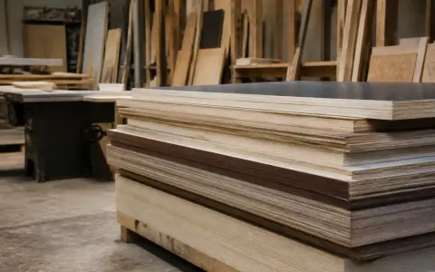 Pile de contreplaqué marine prête à être peinte. Des planches de bois sont empilées dans un atelier.