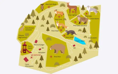 Mappa illustrata di Spormaggiore: scopri le aree degli animali, il parco giochi, il ristoro e gli osservatori. Cosa vedere per un'avventura nella natura!