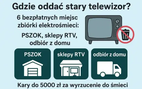 Grafika przedstawia stary telewizor z przekreślonym koszem na śmieci oraz ikony PSZOK, sklepów RTV i odbioru z domu.