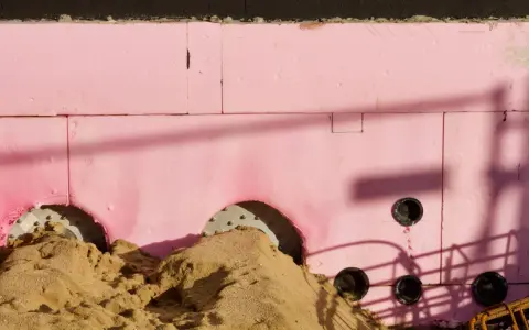 Aislamiento rosa con agujeros para tuberías y montones de arena. Se aprecian sombras y orientaciones cte.