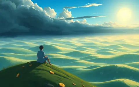 A lone figure sits on a grassy hill, contemplating the rolling landscape. Scattered coins suggest a question about how many artists are billionaires.