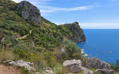 Sentiero panoramico con rocce e vegetazione lussureggiante che si affaccia sul mare blu intenso. Un'ottima idea per cosa vedere a Sapri.