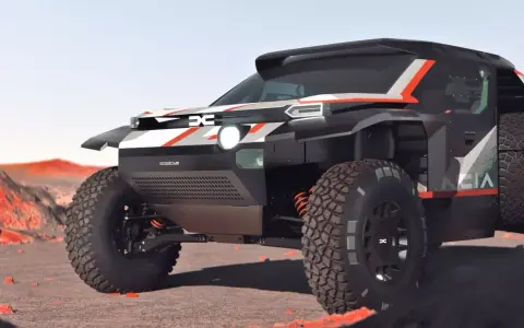 Un vehículo Dacia Dakar futurista, con diseño agresivo y neumáticos todoterreno, listo para conquistar cualquier desafío en un paisaje desértico.