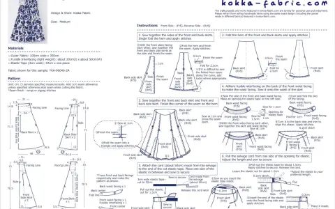 Instructions pour coudre un patron jupe évasée. Le schéma montre les pièces de tissu et les étapes de couture.