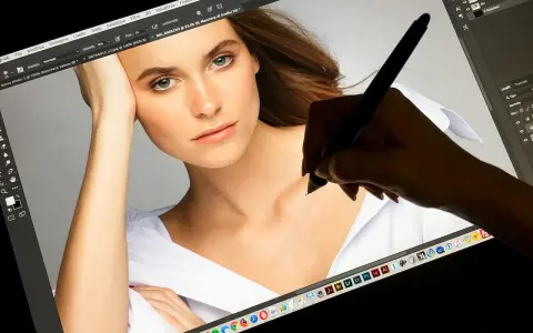 Una mano usa una tavoletta grafica per ritoccare un ritratto su Photoshop, mostrando a cosa serve questo strumento per la creatività digitale.