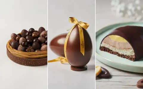 Délicieux gâteau de Pâques en chocolat : un nid rempli d'œufs, un œuf géant décoré d'un ruban, et une part de gâteau aux couches gourmandes.