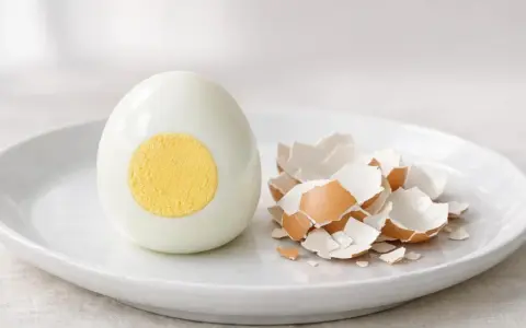 Un œuf dur coupé en deux, montrant son jaune parfait, à côté de sa coquille ébréchée. La cuisson de l'œuf dur est réussie.