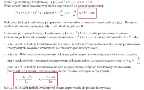 Wzory na pierwiastki funkcji kwadratowej x₁ i x₂ przy założeniu Δ > 0.