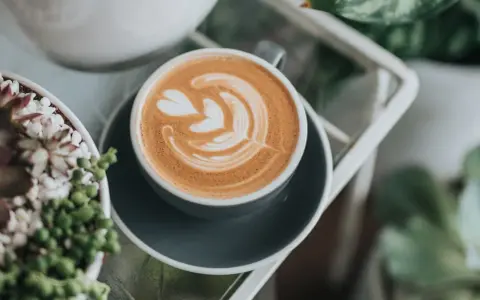 Perfekte Cappuccino Zubereitung mit Latte Art. Ein Kunstwerk aus Milchschaum auf Kaffee, neben grünen Pflanzen.