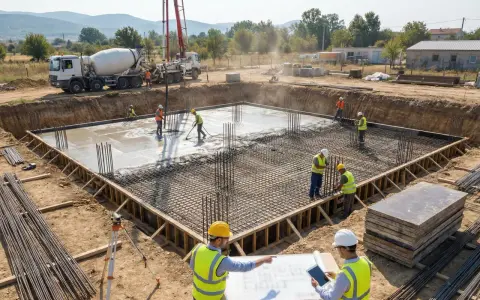 Obreros supervisan el vertido de hormigón en una obra, siguiendo el diseño de estructuras. Camión hormigonera y grúa en acción.