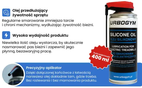 Olej silikonowy do paneli URBOGYM 400 ml. Przedłuża żywotność sprzętu, zmniejsza tarcie i zapewnia płynną pracę bieżni. Precyzyjny aplikator.