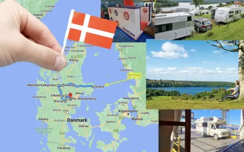 Planerar du en resa till Danmark? Bilden visar en karta över Danmark med en rutt markerad, samt campingplatser och vackra vyer. Ett perfekt danmark resmål för husbilen!